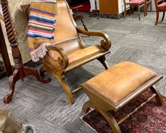 British Colonial plantation style leather chair and ottoman