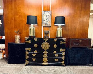 Mid to late 20th century bar cabinet. Double doors open to shelves, drawers, and closed cabinets