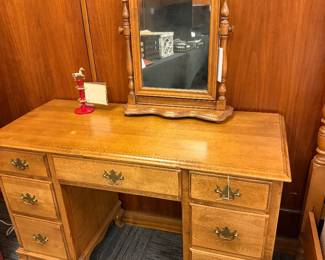 Walnut keyhole desk, walnut pivoting vanity mirror