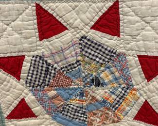 Vintage Sunburst patchwork quilt handpiece and hand quilted. Early printed cottons and feed sacks.