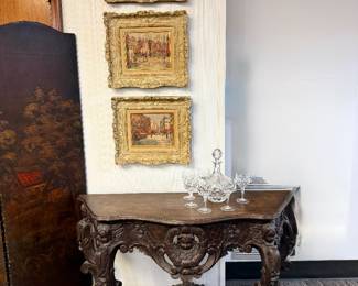 Baroque walnut library desk, French oil on board street scenes