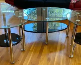 Glass Top Coffee Table And Glass End Tables Round Accent And Contrasting Black Lower Shelf