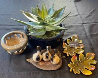 Faux Agave Plant In A Dark Ceramic Bowl Followed By Small Decorative Bowl And 3 Little Birds