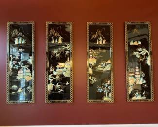 Vintage Asian Black Lacquer Traditional Wall Panels With Mother Of Pearl And Shell Inlay