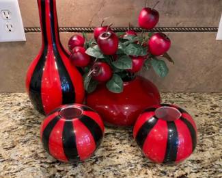 Red And Black Striped Art Glass Vases With Smooth Glossy Finish With Floral Apple Arrangement