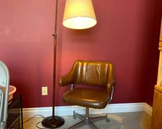 Vintage MCM Leather Like And Chrome Swivel Armchair And MCM Curved Metal Lamp