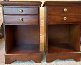Traditional Cherry Two Drawer Wooden Nightstand With Open Lower Shelf, Gold Drawer Pulls