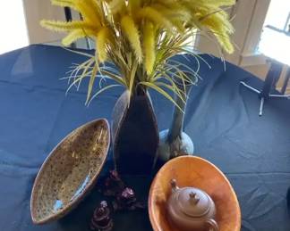 Decorative Arrangement Vase With Yellow Foxtail Speckled Bowl Small Tea Pot Slender Bub Vase More