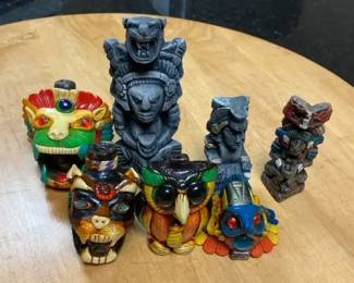 Mexican Folk Art Featuring AztecMayan Style Clay Whistles Animals , Decorated Mask