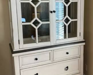 2 Piece China Cabinet With White Finish Glass Paneled Doors With Geometric Overlay 4 Drawers