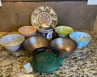 Japanese Style Ceramic Table wear ,several Small Bowles Tea Canister Cast Iron Teapot Matching