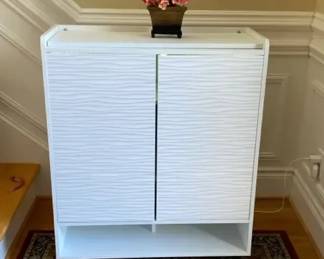 White Two Door Storage Cabinet Interior Shelving , Slim Legs Decorative Faux Floral Arrangement