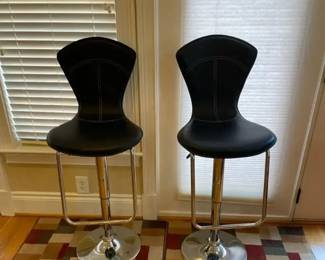Pair Of Modern Height Adjustable Bar Stools With Black Faux Leather Curved Back Crome Base Area Rug