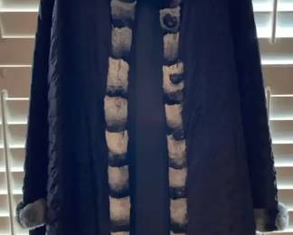 Dyed French Rex Rabbit Trimmed Long Black All Weather Coat