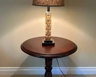 MidCentury Style Table Lamp With Stacked Amber Glass Block Column, oval pedestal, end table with es