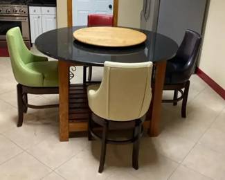Round Very Heavy Granite Dinning Table With 4 Leather Chairs And A Lazy Susan Turntable
