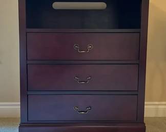 Traditional, Dark Wood, Three Drawer Media Chair With Open Shelf