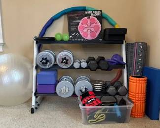 Workout Lot Variois Size Weights Some Adjustable, Music Boxing Machine, Yoga Ballmatt, And More