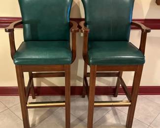 Pair Of Vintage Green, Leather And Wooden Ar Pair of vintage green, leather and wooden arm barstools