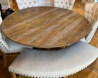 Modern, Round Rustic, Wood Dining Table With Tufted Chairs And Bench, W Dark Wood Lazy Susan