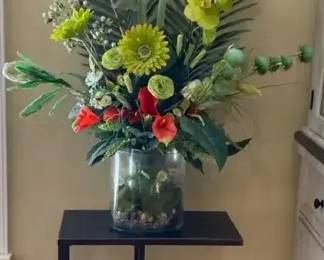 Tropical Floral Arrangement In 2glass Vases 52 Tall C Shape Metal End Table