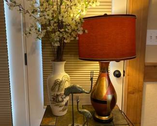 MCM Style Abstract Pattern Ceramic Lamp, Metal Crane Figures And Ceramic Vase With Asian Landscape