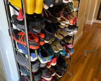 Large Shoe Rack With Womens Shoes Sizes 8 8.5 Nike Reebok Fila Clarks Montrail