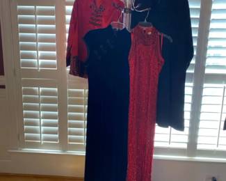 Mandarin Red Satin Jacket, Red Sequined Gown, Royal Navy Gown And Formal Black Dress Coat