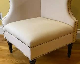 Beige Upholstered Corner Accent Chair With Brass Nailheads
