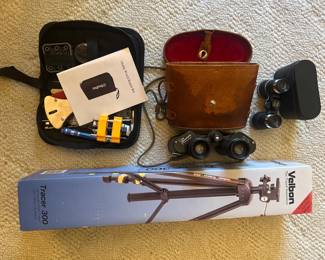 Vintage Binocs, Tripod, Watch Repair Kit