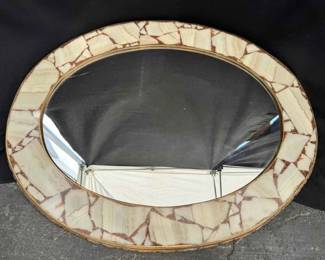 OM170VVintage Midcentury Oval Mosaic Onyx Marble Wall Mirror Hollywood Regency Style