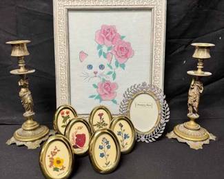 OM364Vintage Floral Cat Needlepoint Art with Brass Candle Sticks Mini Oval Frames