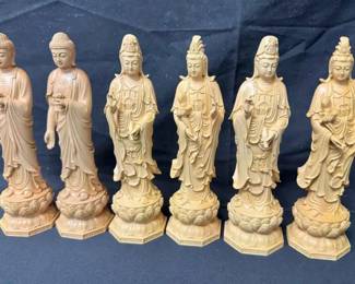 OM1198 Hand Carved Boxwood Buddhist Statue Set Of 6 Amitabha Buddha Guanyin Goddess Figures