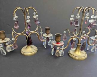 OM210Vintage Brass Amethyst Crystal Candelabra Set