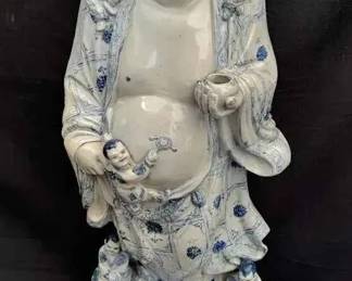 OM186VRepublic Period Chinese Blue And White Porcelain Standing Buddha with 5 Children with Stand