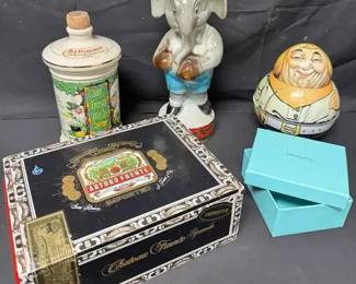 OM381Jim Beam Elephant Old Fitzgerald Decanters, Arturo Fuente Cigar Box, Tiffany Box