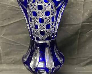 OM108Vintage Signed Arnstadt Kristall Cobalt Blue Cut To Clear Crystal Vase