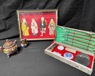 OM326Vintage Chinese Calligraphy Brush Set, Framed Silk Art, Incense Burner
