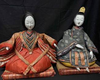 OM101VAntique Japanese Dolls Meiji Period Circa 1860 with Horsehair Wigs, Silk Brocade Garments And Stands