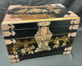 OM120VVintage Chinese Black Lacquer Multitier Jewelry Chest with Mirror, Red Silk And Key