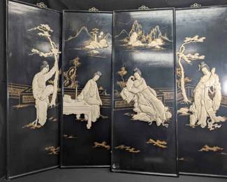 OM172Vintage Chinese Black Lacquer Soapstone Wall Panels