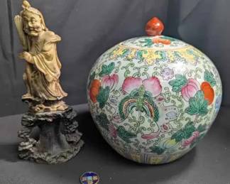 OM271Carved Soapstone Immortal Figurine, Famille Rose Lidded Ginger Jar And Cloisonne Coin