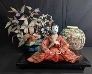 OM243VAntique Japanese Hinaningyo Doll, Oriental Stone Tree Famille Rose Ginger Jar