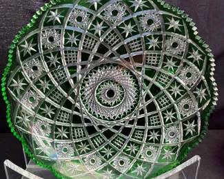 OM224Vintage Moser Green Crystal Platter With Acrylic Stand Green