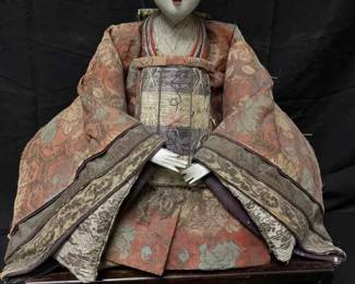 OM105Japanese Antique Doll Meiji Period Circa 1860 with Stand, Horsehair Wig Silk Brocade Garments