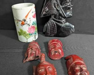 OM275Vintage Wall Plaque, Vintage Hand Carved Wood Masks Porcelain Brush Pot