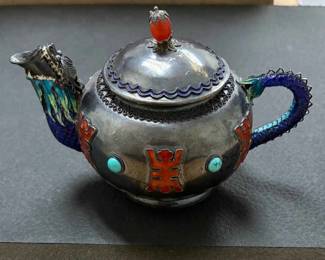 OM394VSmall Vintage Silver Or Silverplated Cloisonn Teapot Silver Spoon