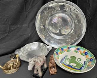 OM332Vintage Mexican Hand Painted Tonala Lion Bowl, Cast Pewter Platters Folk Art Sculptures