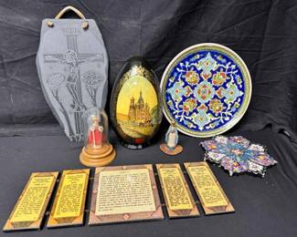 OM334Vintage Russian Orthodox Religious Lacquered Pysanka Egg, Icons, Plaques Plate