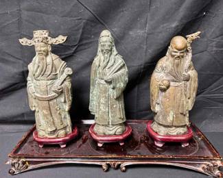 OM301Vintage Chinese Bronze Fu Lu Shou Statues Set Sanxing Three Star Gods with Stand